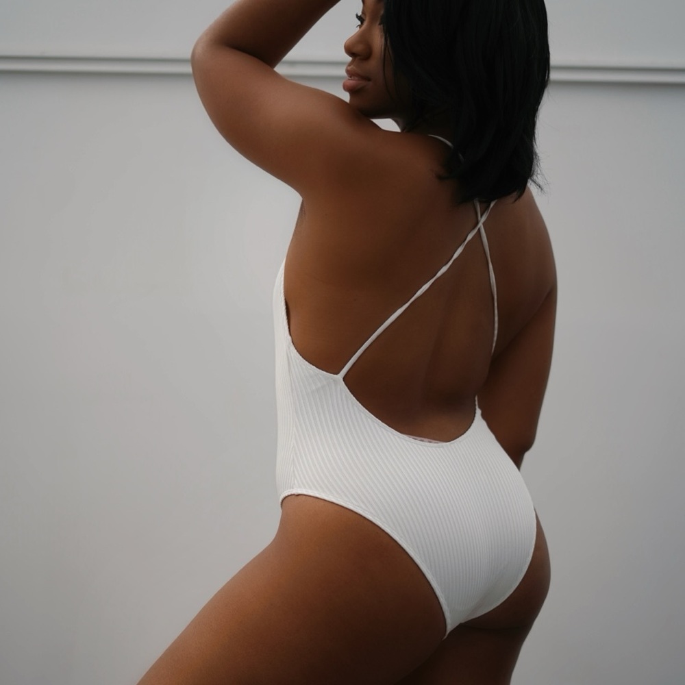 White V-Cut One Piece Swimsuit